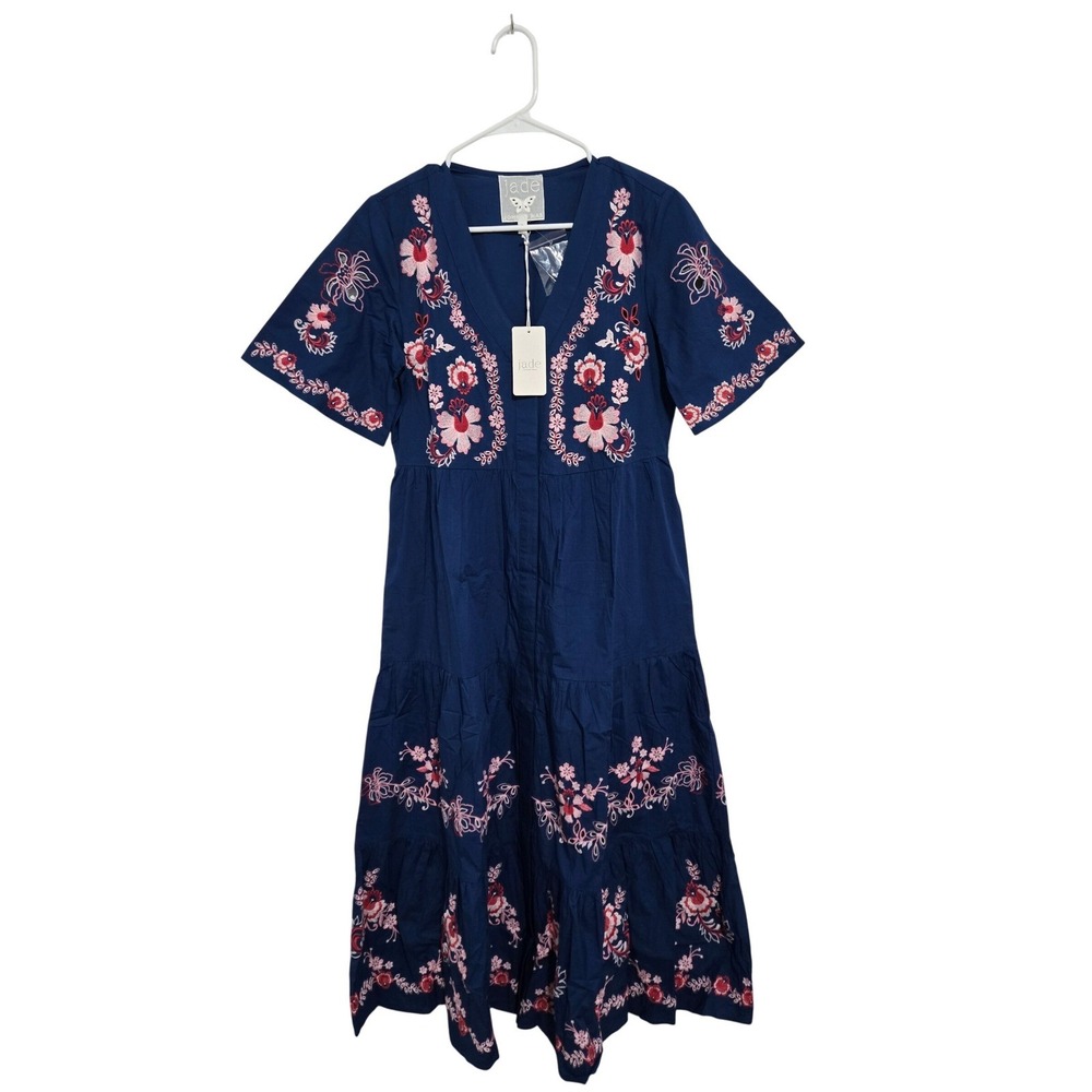 JOHNNY WAS Alegra Floral-embroidered Poplin Midi Dress in Navy Peony- Size Small